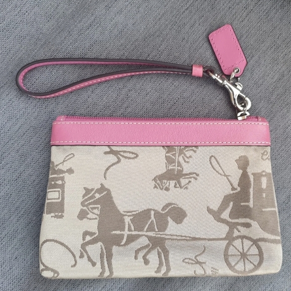Coach Wristlet Pink Leather Beige Embroidered Horse Purse Wallet Bag - Picture 3 of 5